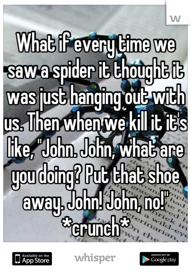 What if every time we saw a spider it thought it was just hanging out with us. Then when we kill it it's like, "John. John, what are you doing? Put that shoe away. John! John, no!" *crunch*