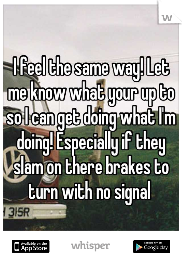 I feel the same way! Let me know what your up to so I can get doing what I'm doing! Especially if they slam on there brakes to turn with no signal 
