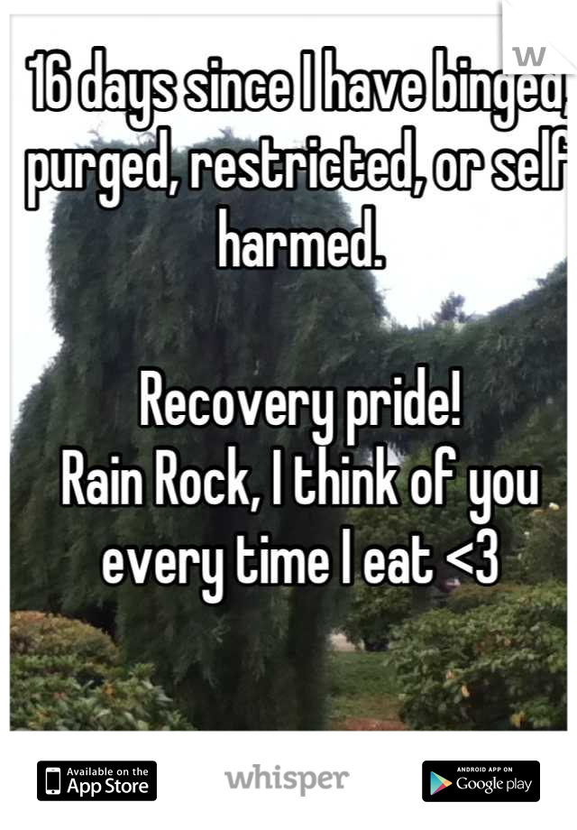 16 days since I have binged, purged, restricted, or self harmed. 

Recovery pride! 
Rain Rock, I think of you every time I eat <3