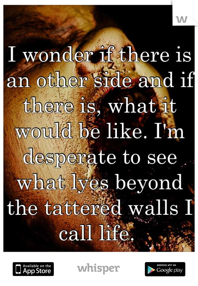 I wonder if there is an other side and if there is, what it would be like. I'm desperate to see what lyes beyond the tattered walls I call life. 