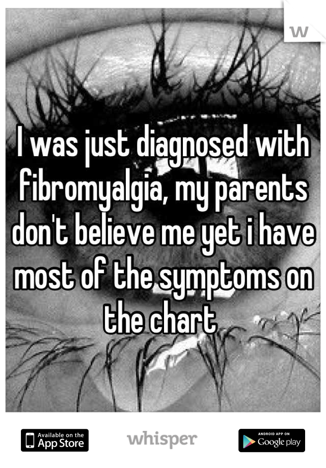 I was just diagnosed with fibromyalgia, my parents don't believe me yet i have most of the symptoms on the chart 