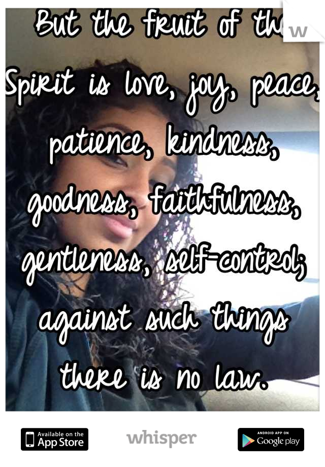 But the fruit of the Spirit is love, joy, peace, patience, kindness, goodness, faithfulness, gentleness, self-control; against such things there is no law.
—Galatians 5:22-23  