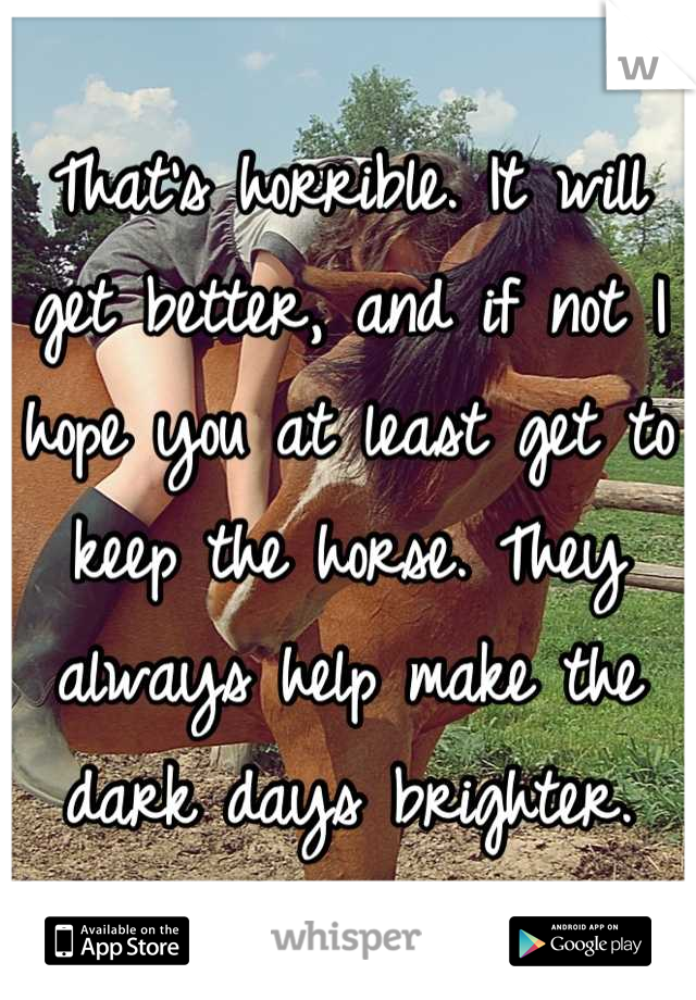 That's horrible. It will get better, and if not I hope you at least get to keep the horse. They always help make the dark days brighter.