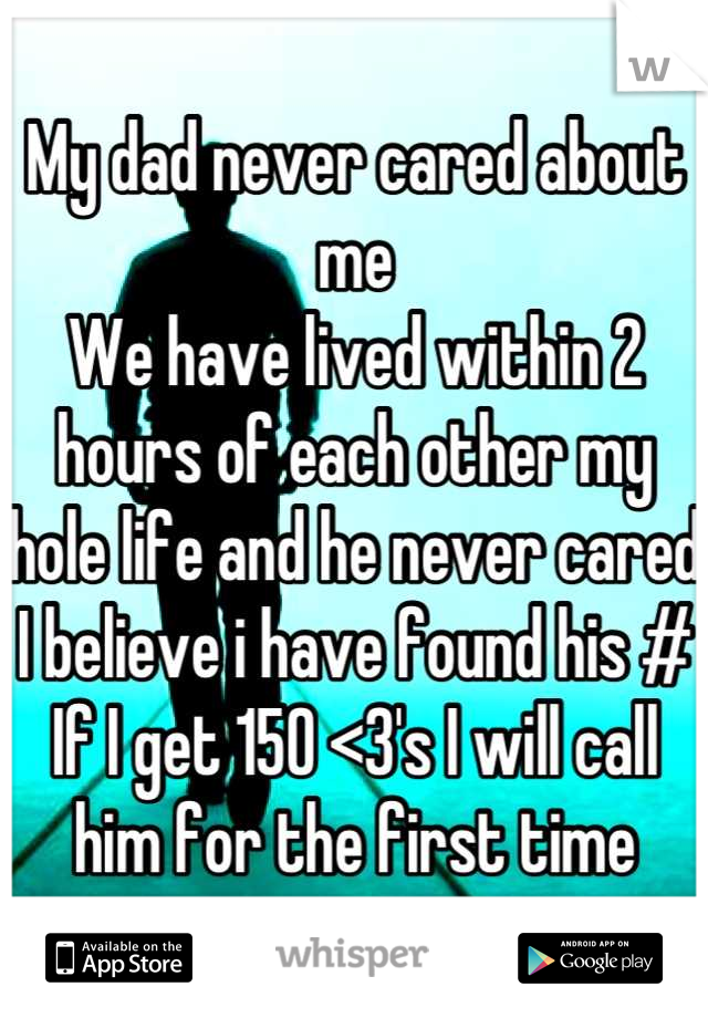 My dad never cared about me
We have lived within 2 hours of each other my hole life and he never cared
I believe i have found his # 
If I get 150 <3's I will call him for the first time