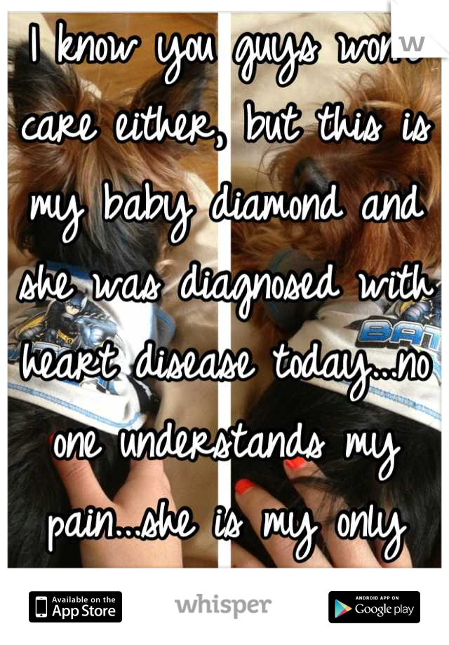 I know you guys won't care either, but this is my baby diamond and she was diagnosed with heart disease today...no one understands my pain...she is my only friend.