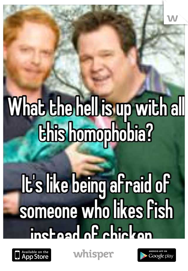 What the hell is up with all this homophobia? 

It's like being afraid of someone who likes fish instead of chicken...