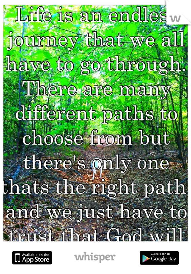 Life is an endless journey that we all have to go through. There are many different paths to choose from but there's only one thats the right path, and we just have to trust that God will help us