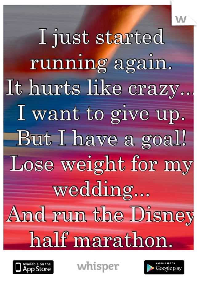 I just started running again.
It hurts like crazy... I want to give up.
But I have a goal!
Lose weight for my wedding...
And run the Disney half marathon.