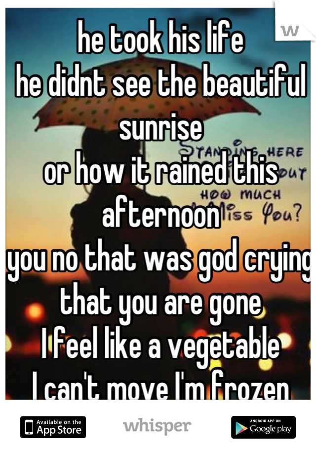 he took his life 
he didnt see the beautiful sunrise
or how it rained this afternoon
you no that was god crying that you are gone
I feel like a vegetable 
I can't move I'm frozen 
I cry and cry...
why?