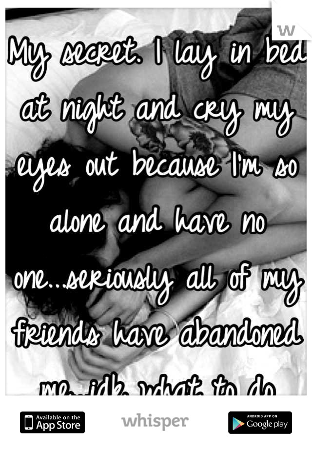 My secret. I lay in bed at night and cry my eyes out because I'm so alone and have no one...seriously all of my friends have abandoned me...idk what to do