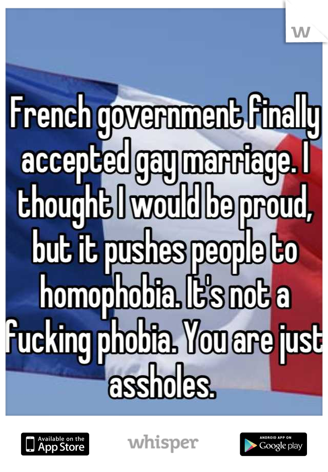 French government finally accepted gay marriage. I thought I would be proud, but it pushes people to homophobia. It's not a fucking phobia. You are just assholes. 