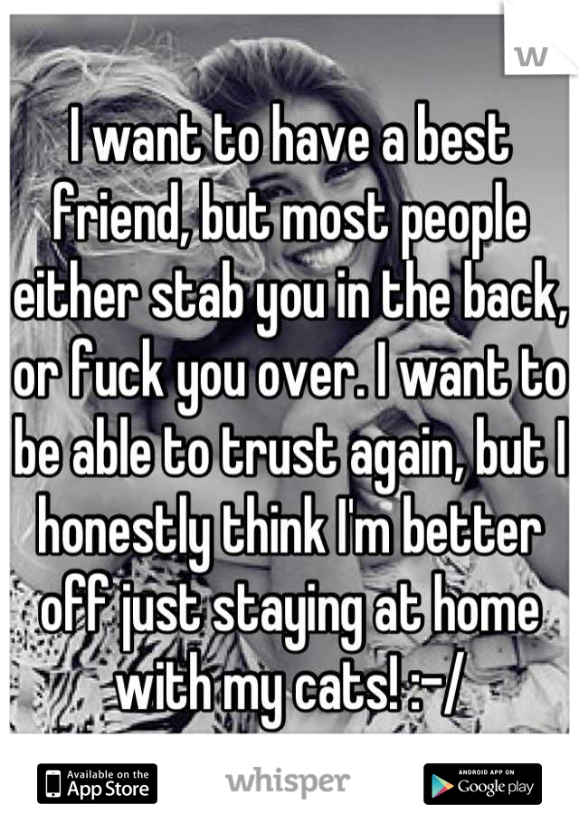 I want to have a best friend, but most people either stab you in the back, or fuck you over. I want to be able to trust again, but I honestly think I'm better off just staying at home with my cats! :-/