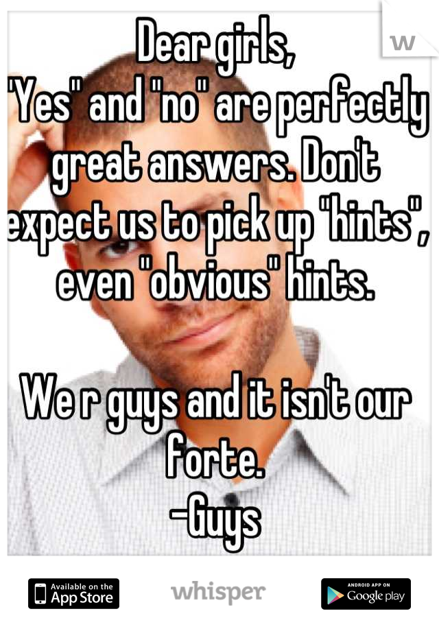 Dear girls,
"Yes" and "no" are perfectly great answers. Don't expect us to pick up "hints", even "obvious" hints. 

We r guys and it isn't our forte.
-Guys