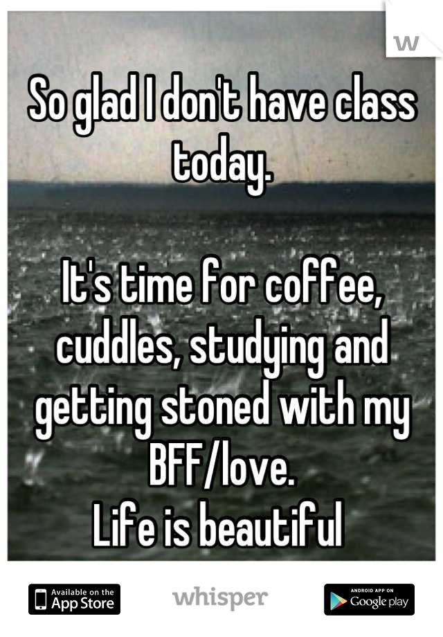 So glad I don't have class today.
 
It's time for coffee, cuddles, studying and getting stoned with my BFF/love.
Life is beautiful 