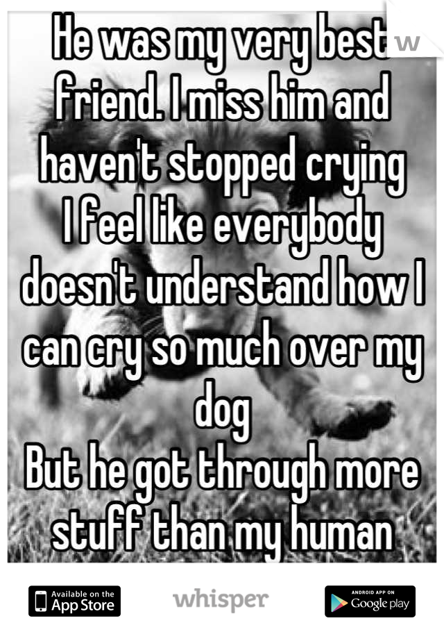 He was my very best friend. I miss him and haven't stopped crying
I feel like everybody doesn't understand how I can cry so much over my dog
But he got through more stuff than my human friends ever did