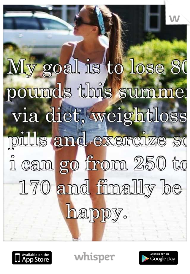 My goal is to lose 80 pounds this summer  via diet, weightloss pills and exercize so i can go from 250 to 170 and finally be happy. 