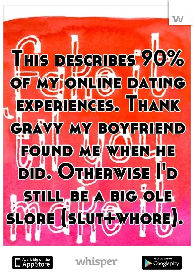 This describes 90% of my online dating experiences. Thank gravy my boyfriend found me when he did. Otherwise I'd still be a big ole slore (slut+whore). 