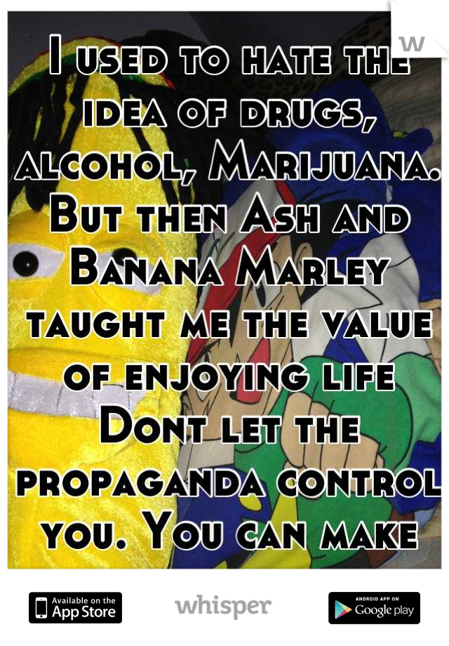 I used to hate the idea of drugs, alcohol, Marijuana.  But then Ash and Banana Marley taught me the value of enjoying life Dont let the propaganda control you. You can make your own decisions