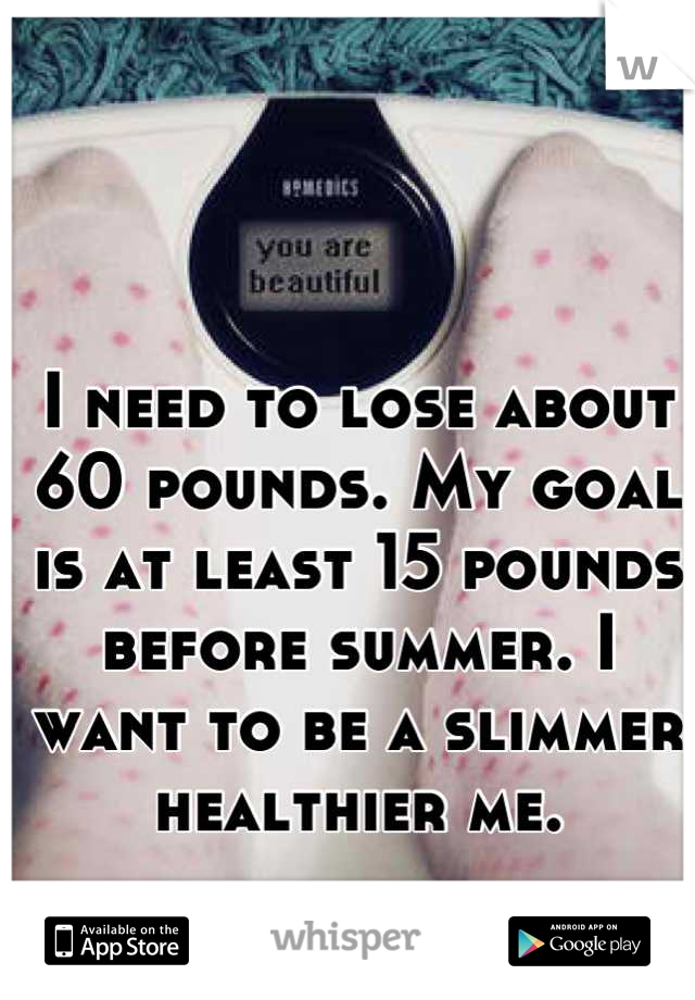 I need to lose about 60 pounds. My goal is at least 15 pounds before summer. I want to be a slimmer healthier me.