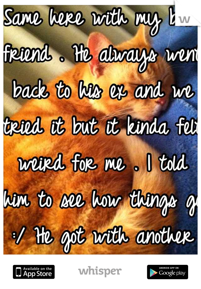 Same here with my best friend . He always went back to his ex and we tried it but it kinda felt weird for me . I told him to see how things go :/ He got with another cheater that's our friends ex .