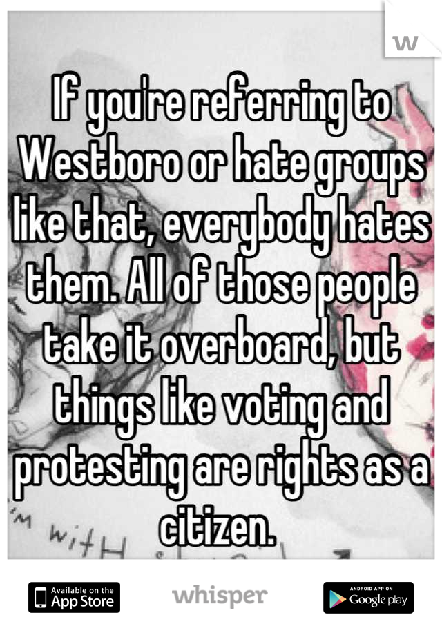 If you're referring to Westboro or hate groups like that, everybody hates them. All of those people take it overboard, but things like voting and protesting are rights as a citizen. 