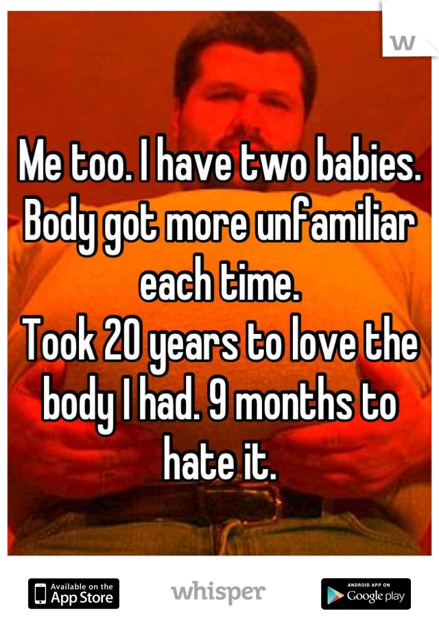 Me too. I have two babies. Body got more unfamiliar each time.
Took 20 years to love the body I had. 9 months to hate it.