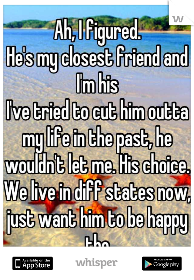 Ah, I figured.
He's my closest friend and I'm his
I've tried to cut him outta my life in the past, he wouldn't let me. His choice. We live in diff states now, just want him to be happy tho