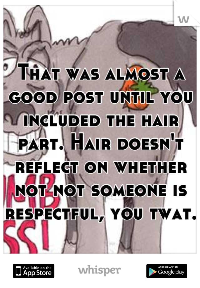 That was almost a good post until you included the hair part. Hair doesn't reflect on whether not not someone is respectful, you twat.