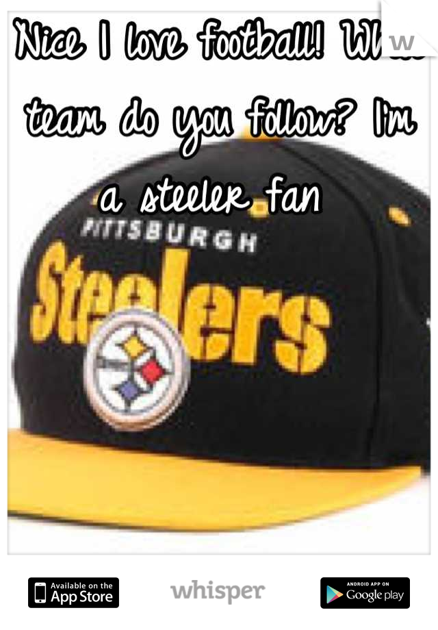 Nice I love football! What team do you follow? I'm a steeler fan 