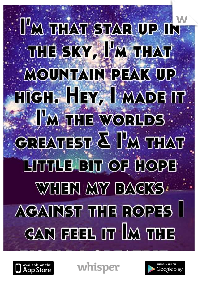 I'm that star up in the sky, I'm that mountain peak up high. Hey, I made it
I'm the worlds greatest & I'm that little bit of hope when my backs against the ropes I can feel it Im the worlds greatest. 
