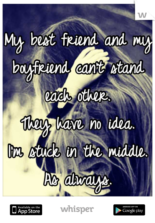 My best friend and my boyfriend can't stand each other.
They have no idea.
I'm stuck in the middle.
As always.