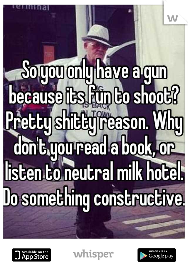 So you only have a gun because its fun to shoot? Pretty shitty reason. Why don't you read a book, or listen to neutral milk hotel. Do something constructive. 