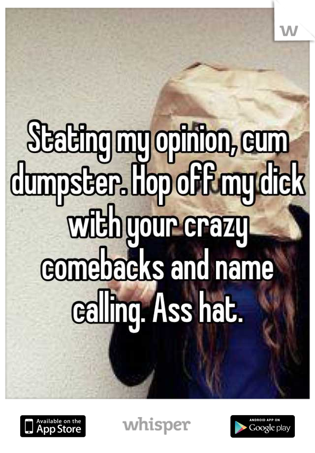 Stating my opinion, cum dumpster. Hop off my dick with your crazy comebacks and name calling. Ass hat.