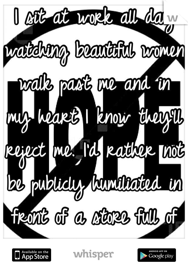 I sit at work all day watching beautiful women walk past me and in my heart I know they'll reject me. I'd rather not be publicly humiliated in front of a store full of people. Pessimistic & proud.