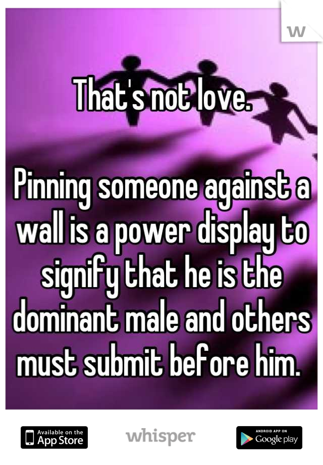 That's not love. 

Pinning someone against a wall is a power display to signify that he is the dominant male and others must submit before him. 