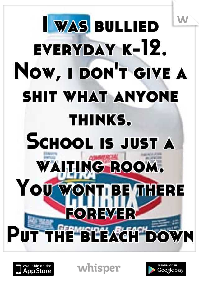 I was bullied everyday k-12.
Now, i don't give a shit what anyone thinks.
School is just a waiting room. 
You wont be there forever
Put the bleach down and suck it up.
