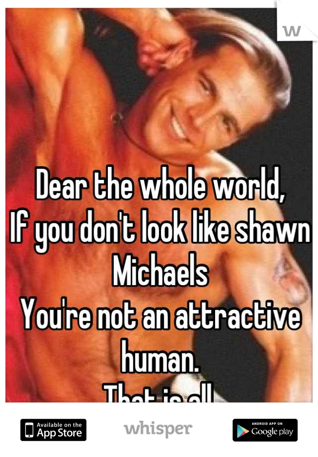 Dear the whole world,
If you don't look like shawn Michaels
You're not an attractive human.
That is all.