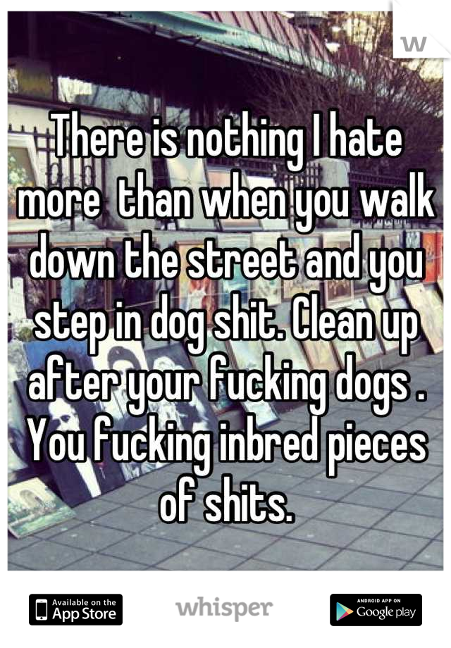 There is nothing I hate more  than when you walk down the street and you step in dog shit. Clean up after your fucking dogs . You fucking inbred pieces of shits.