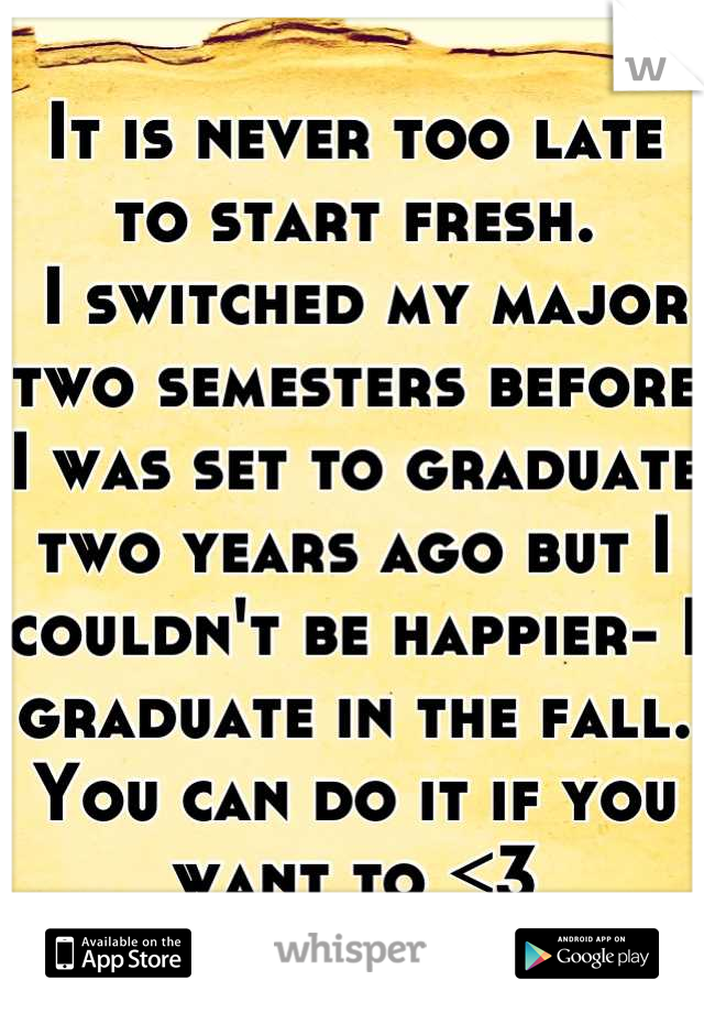 It is never too late to start fresh.
 I switched my major two semesters before I was set to graduate two years ago but I couldn't be happier- I graduate in the fall. 
You can do it if you want to <3