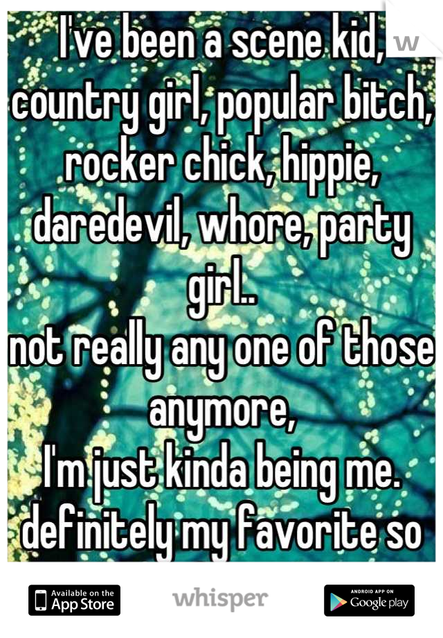 I've been a scene kid, country girl, popular bitch, rocker chick, hippie, daredevil, whore, party girl.. 
not really any one of those anymore,
I'm just kinda being me.
definitely my favorite so far.