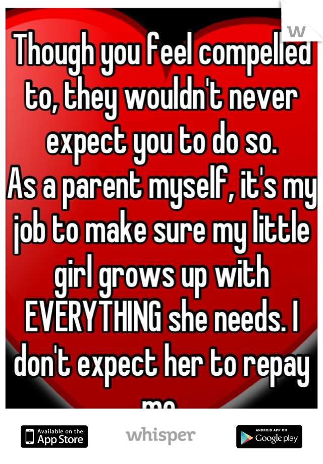 Though you feel compelled to, they wouldn't never expect you to do so.
As a parent myself, it's my job to make sure my little girl grows up with EVERYTHING she needs. I don't expect her to repay me.