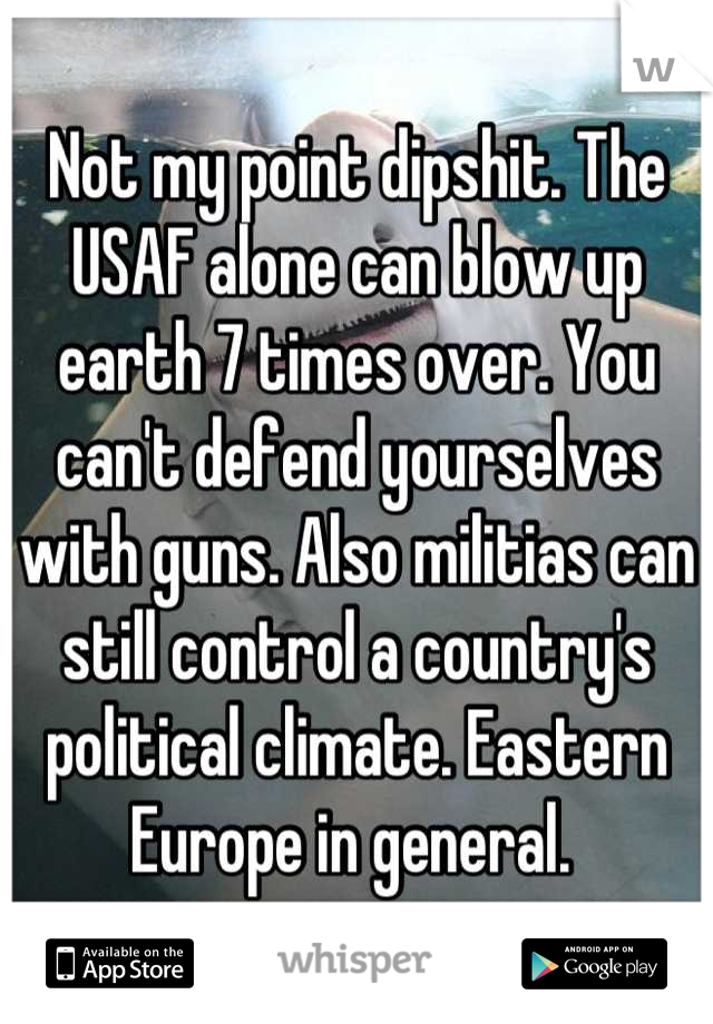 Not my point dipshit. The USAF alone can blow up earth 7 times over. You can't defend yourselves with guns. Also militias can still control a country's political climate. Eastern Europe in general. 