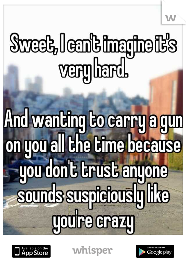 Sweet, I can't imagine it's very hard. 

And wanting to carry a gun on you all the time because you don't trust anyone sounds suspiciously like you're crazy