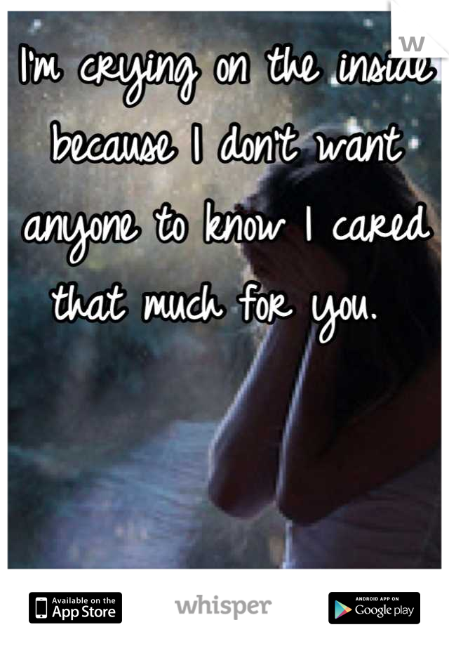 I'm crying on the inside because I don't want anyone to know I cared that much for you. 
