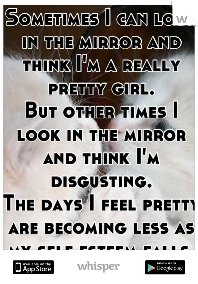 Sometimes I can look in the mirror and think I'm a really pretty girl.
But other times I look in the mirror and think I'm disgusting. 
The days I feel pretty are becoming less as my self esteem falls.