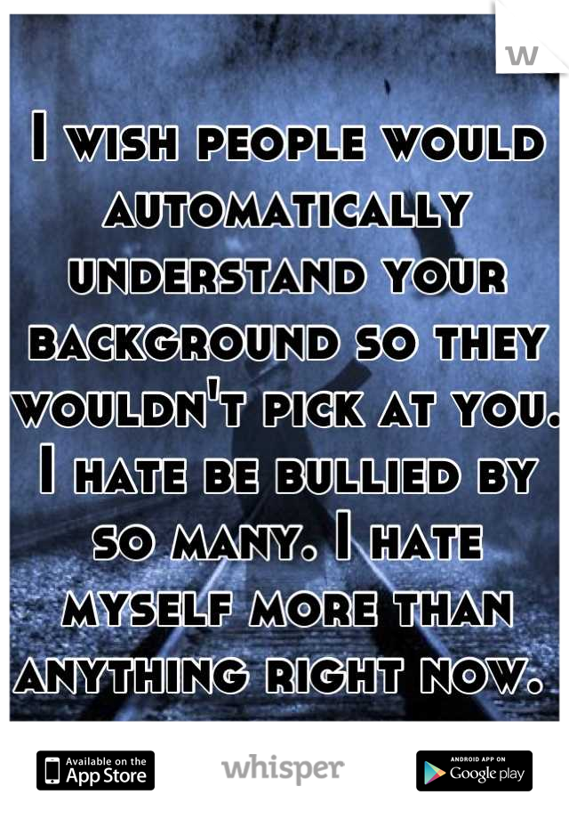 I wish people would automatically understand your background so they wouldn't pick at you. I hate be bullied by so many. I hate myself more than anything right now. 