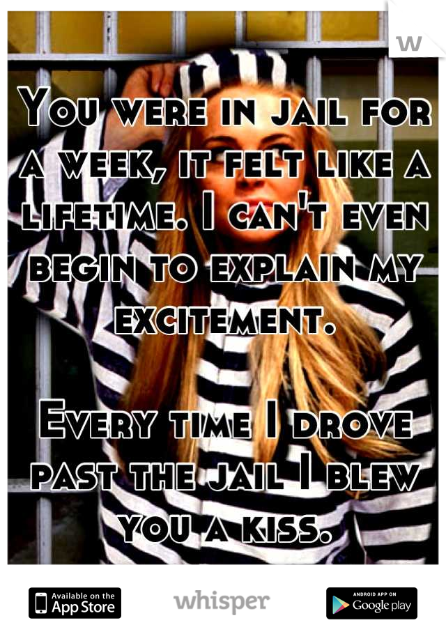 You were in jail for a week, it felt like a lifetime. I can't even begin to explain my excitement.

Every time I drove past the jail I blew you a kiss.