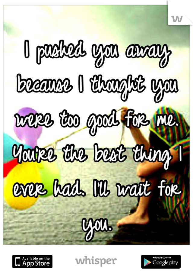 I pushed you away because I thought you were too good for me. You're the best thing I ever had. I'll wait for you.