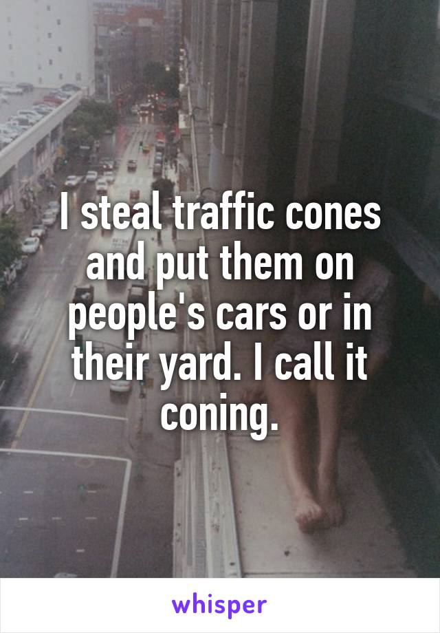 I steal traffic cones and put them on people's cars or in their yard. I call it coning.