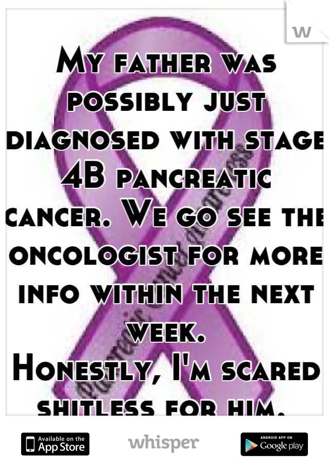 My father was possibly just diagnosed with stage 4B pancreatic cancer. We go see the oncologist for more info within the next week. 
Honestly, I'm scared shitless for him. 